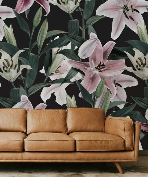 Wallpaper with big floral pattern, black foto tapeta